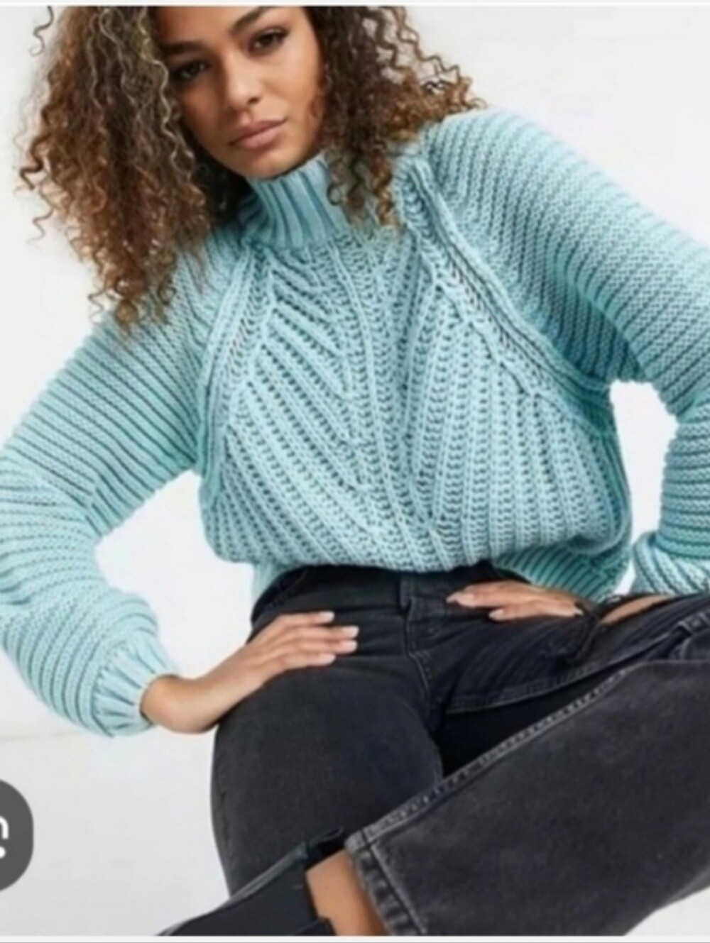 Free People Mint Blue Cable Mock Sweater Sz S